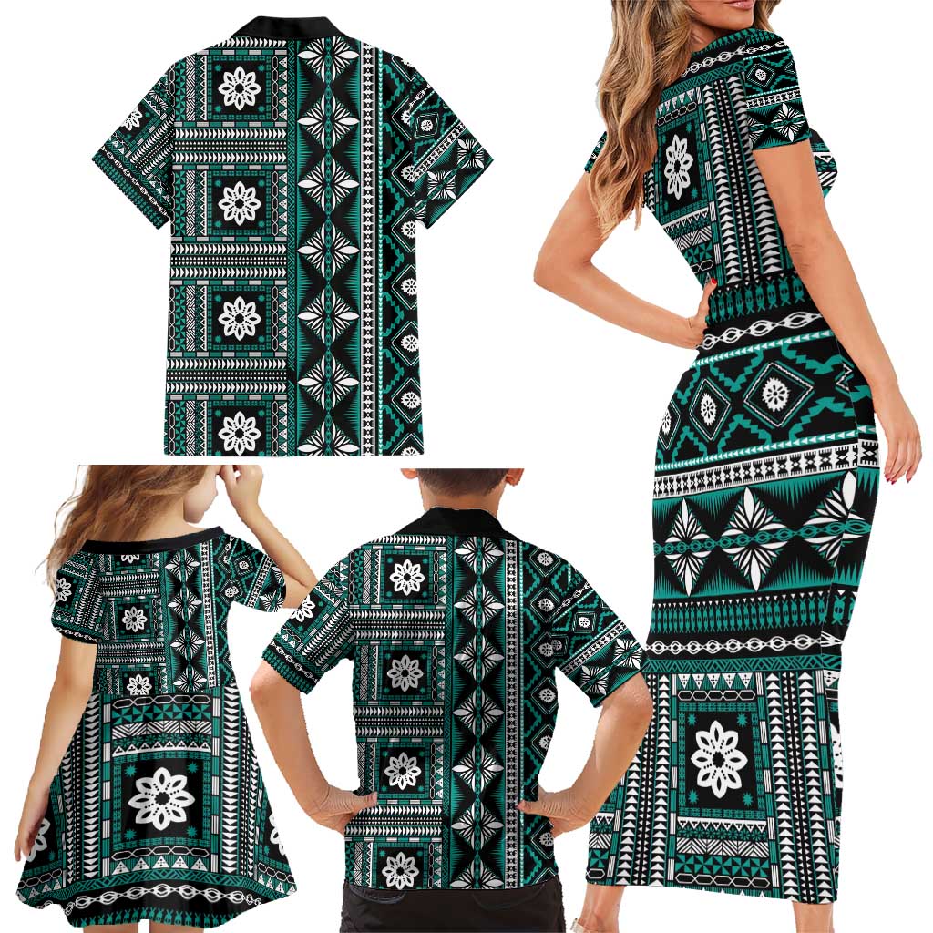 Fiji Masi Tapa Pattern Teal Family Matching Short Sleeve Bodycon Dress and Hawaiian Shirt - Polynesian Pride