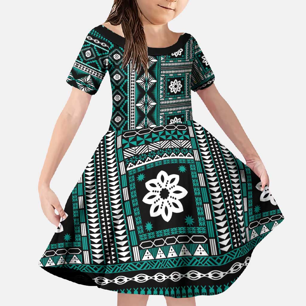 Fiji Masi Tapa Pattern Teal Family Matching Summer Maxi Dress and Hawaiian Shirt - Polynesian Pride
