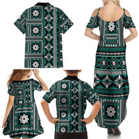 Fiji Masi Tapa Pattern Teal Family Matching Summer Maxi Dress and Hawaiian Shirt - Polynesian Pride