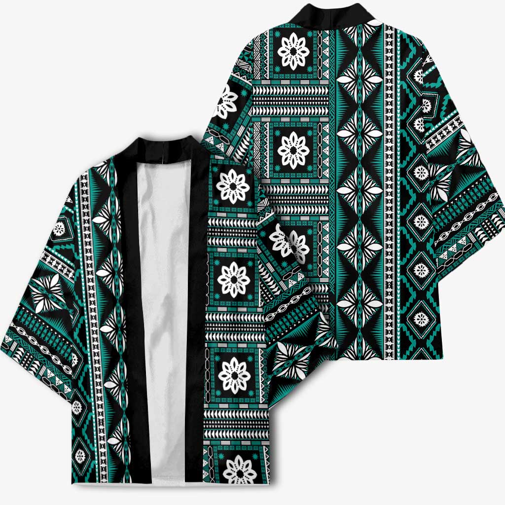 Fiji Masi Tapa Pattern Teal Kimono - Polynesian Pride