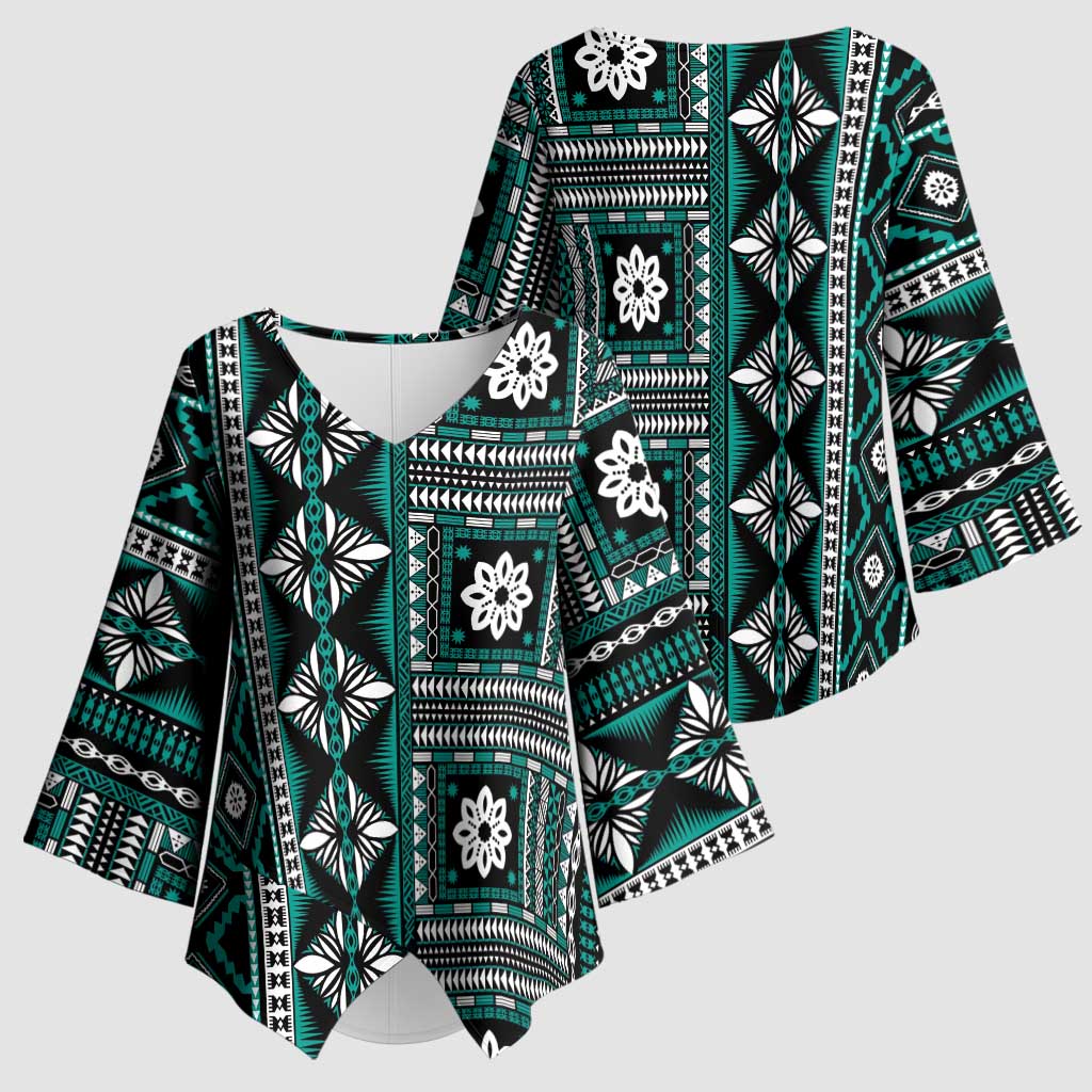 Fiji Masi Tapa Pattern Teal Kimono Sleeve Blouse - Polynesian Pride