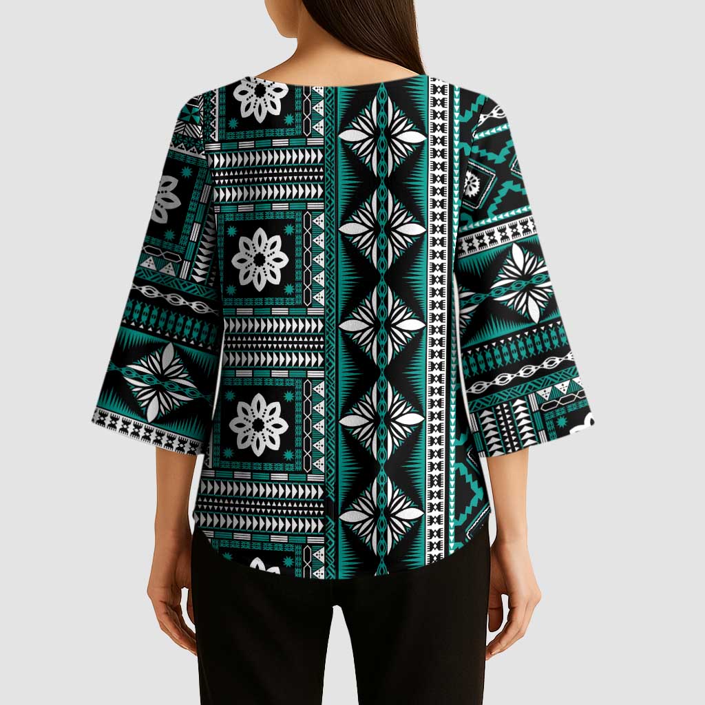 Fiji Masi Tapa Pattern Teal Kimono Sleeve Blouse - Polynesian Pride