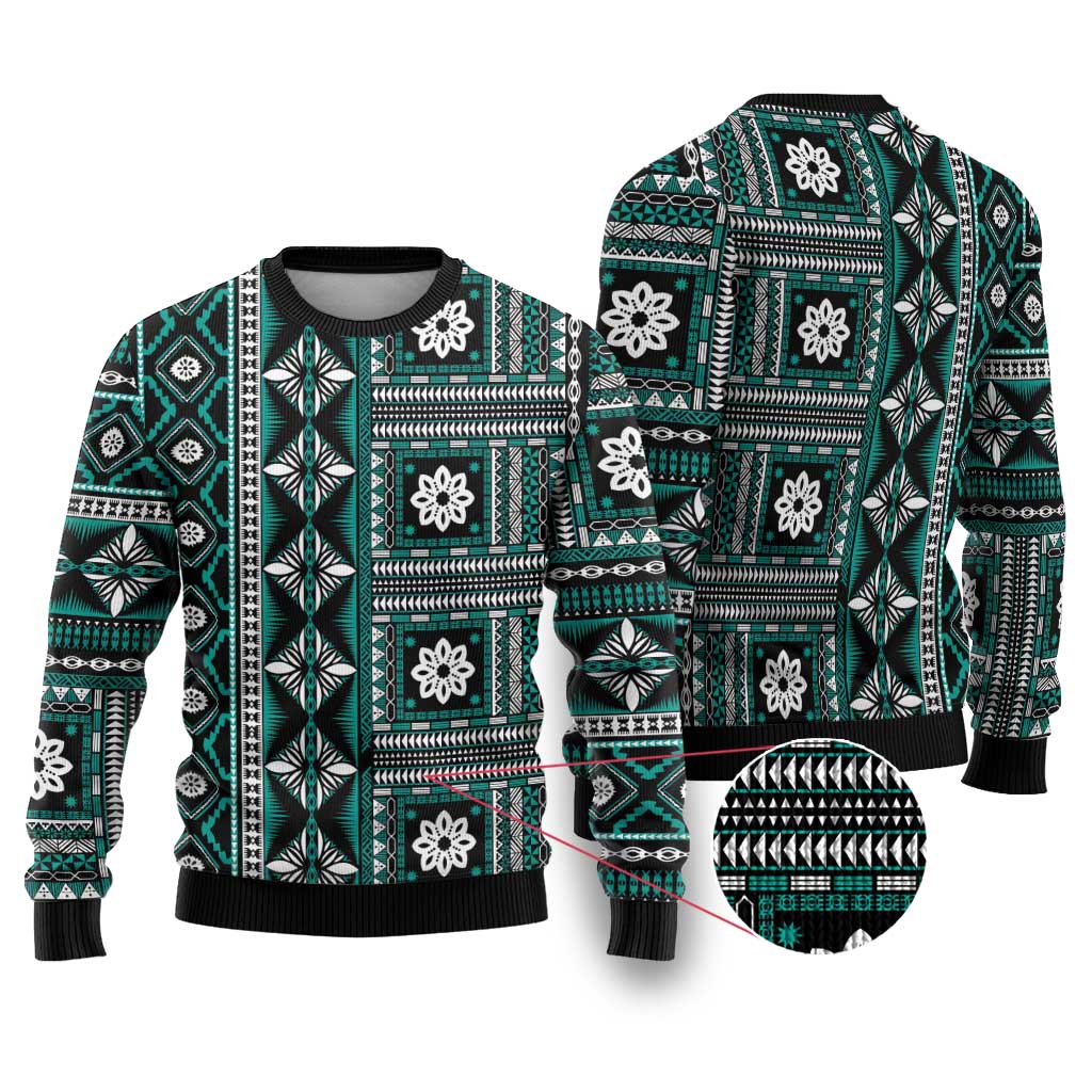 Fiji Masi Tapa Pattern Teal Ugly Christmas Sweater - Polynesian Pride