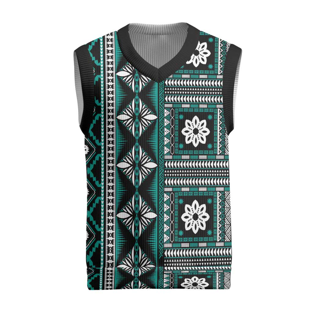 Fiji Masi Tapa Pattern Teal Christmas Knitted V-Neck Vest - Polynesian Pride