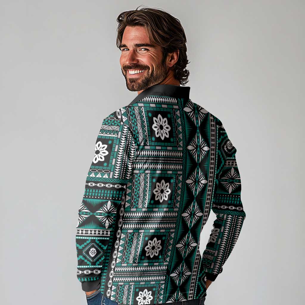 Fiji Masi Tapa Pattern Teal Long Sleeve Polo Shirt - Polynesian Pride