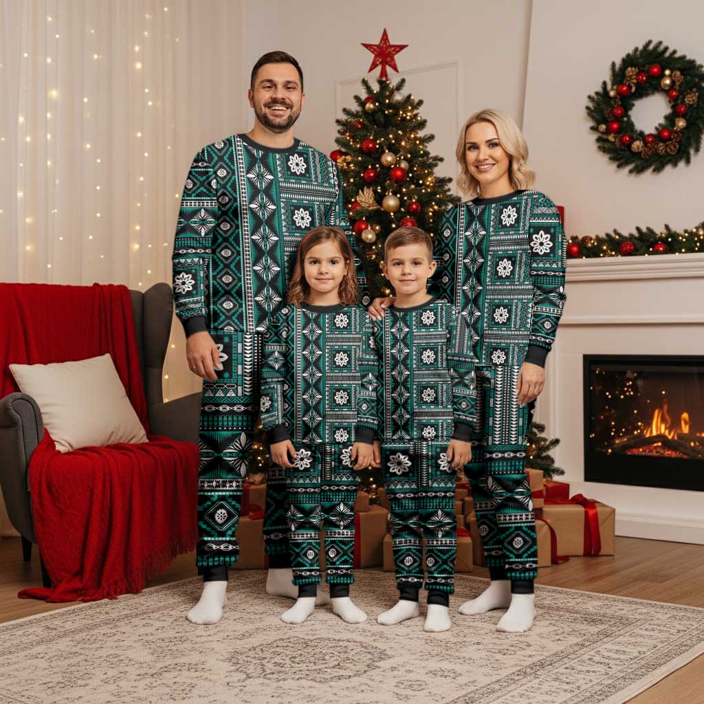 Fiji Masi Tapa Pattern Teal Christmas Pajama Set - Polynesian Pride