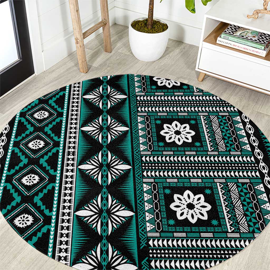 Fiji Masi Tapa Pattern Teal Round Carpet - Polynesian Pride
