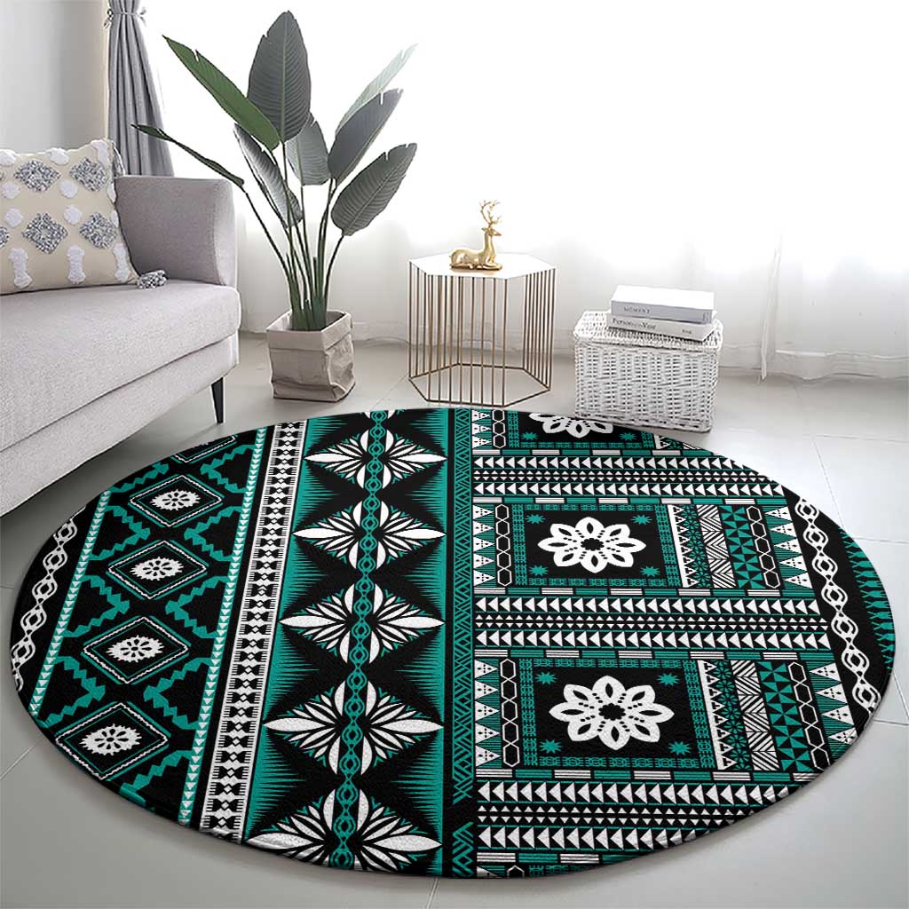 Fiji Masi Tapa Pattern Teal Round Carpet - Polynesian Pride