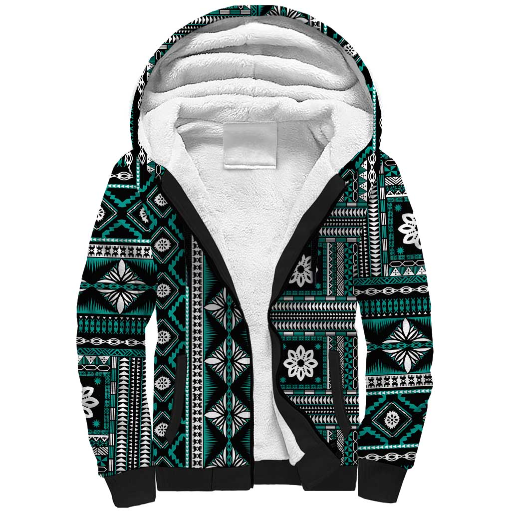 Fiji Masi Tapa Pattern Teal Sherpa Hoodie - Polynesian Pride