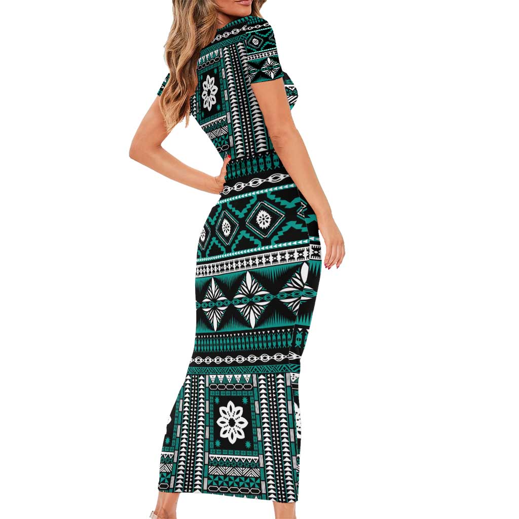 Fiji Masi Tapa Pattern Teal Short Sleeve Bodycon Dress - Polynesian Pride
