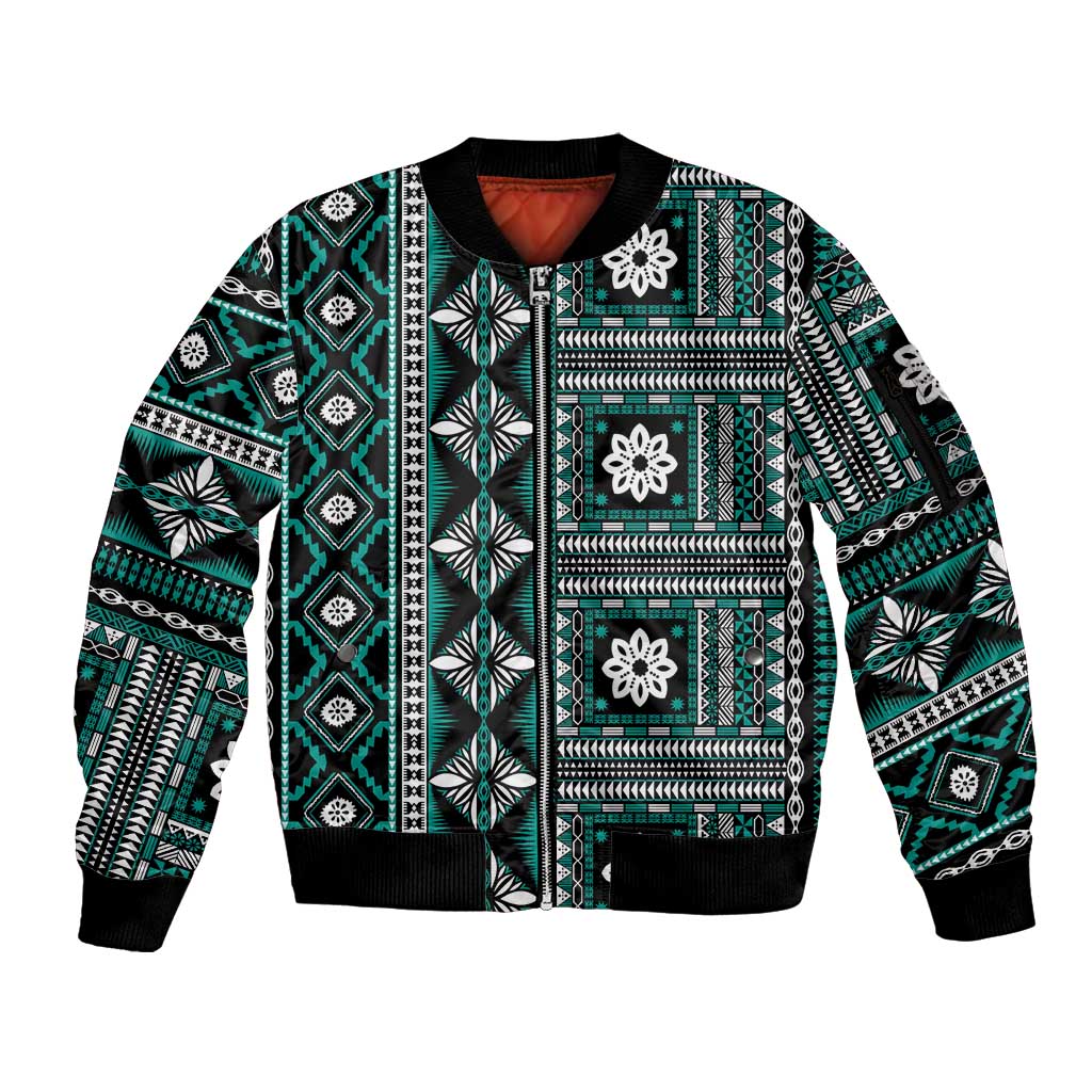 Fiji Masi Tapa Pattern Teal Sleeve Zip Bomber Jacket - Polynesian Pride