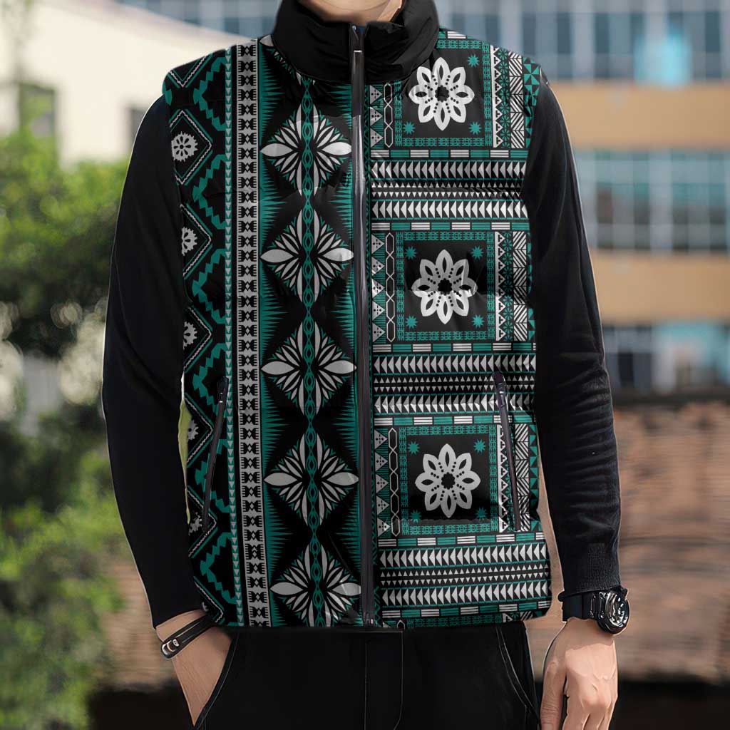 Fiji Masi Tapa Pattern Teal Sleeveless Puffer Jacket - Polynesian Pride