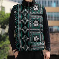 Fiji Masi Tapa Pattern Teal Sleeveless Puffer Jacket - Polynesian Pride