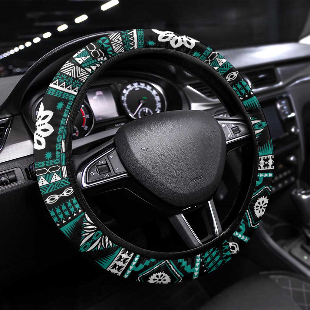Fiji Masi Tapa Pattern Teal Steering Wheel Cover - Polynesian Pride
