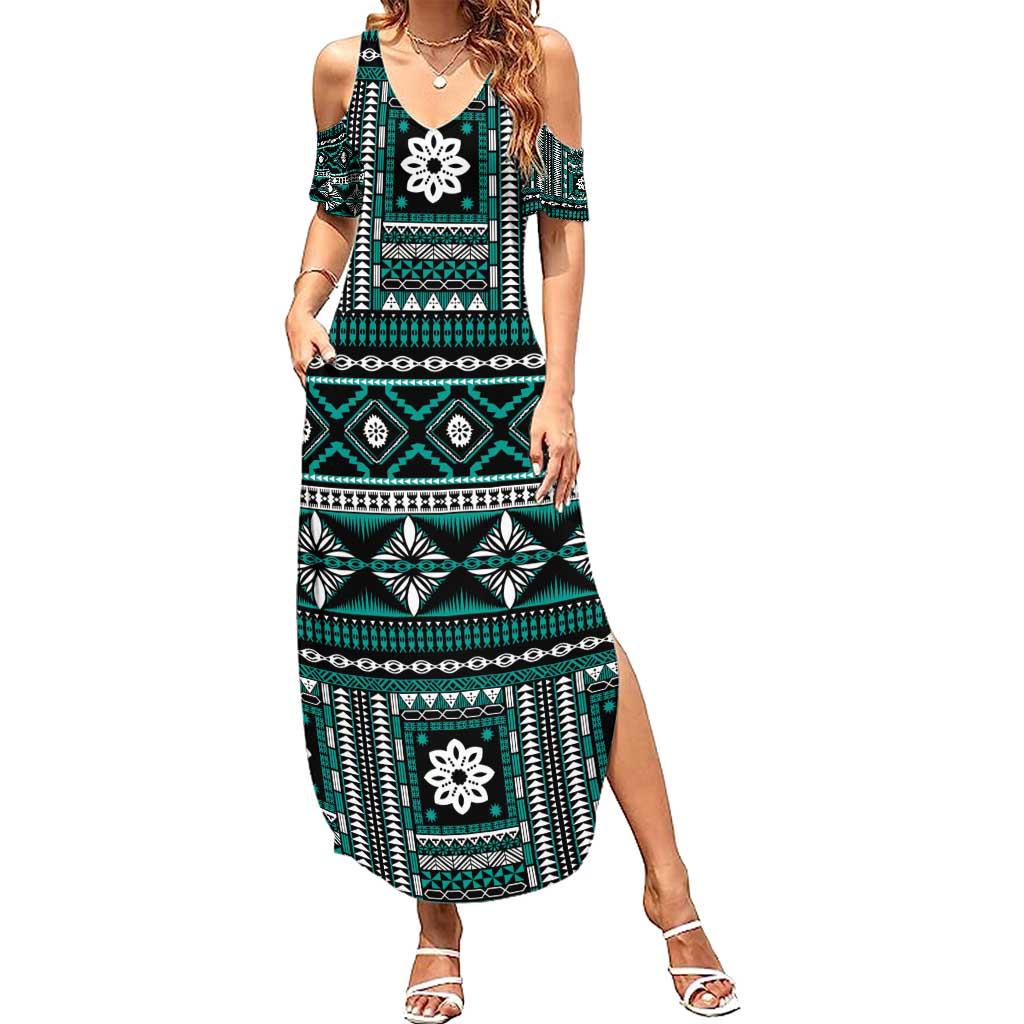 Fiji Masi Tapa Pattern Teal Summer Maxi Dress - Polynesian Pride