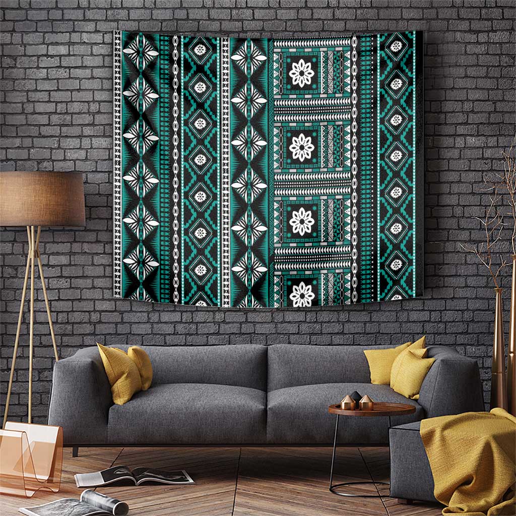 Fiji Masi Tapa Pattern Teal Tapestry - Polynesian Pride