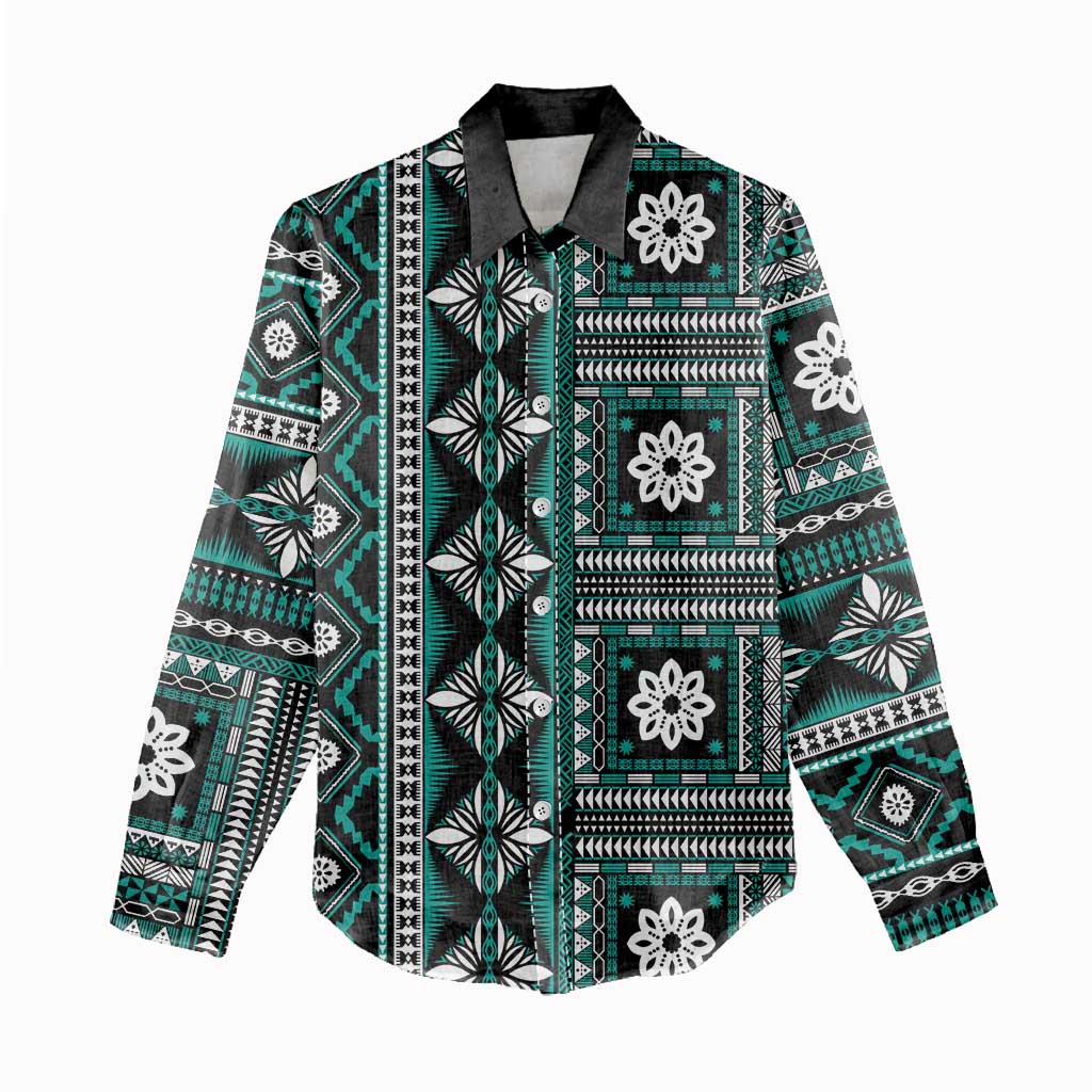 Fiji Masi Tapa Pattern Teal Women Casual Shirt - Polynesian Pride