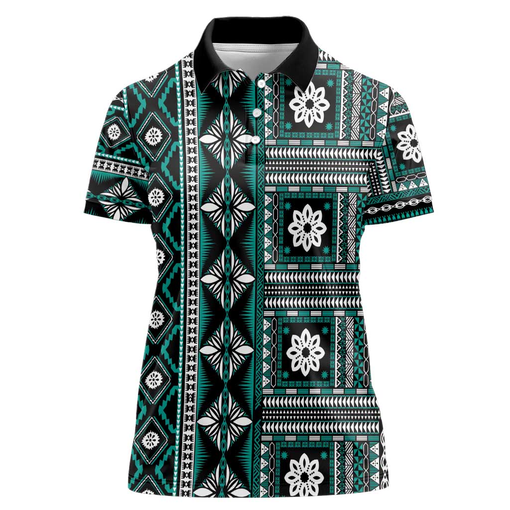 Fiji Masi Tapa Pattern Teal Women Polo Shirt LT01 Female Teal - Polynesian Pride