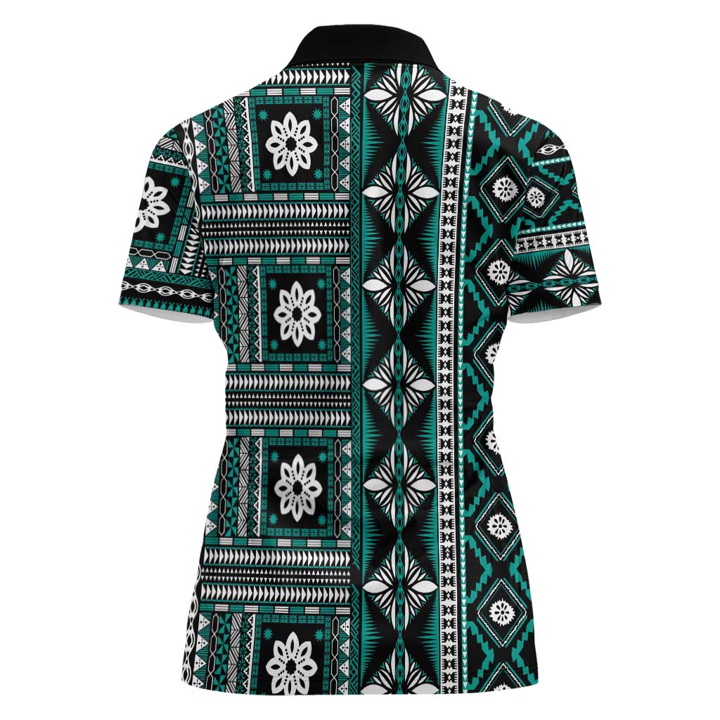 Fiji Masi Tapa Pattern Teal Women Polo Shirt LT01 - Polynesian Pride