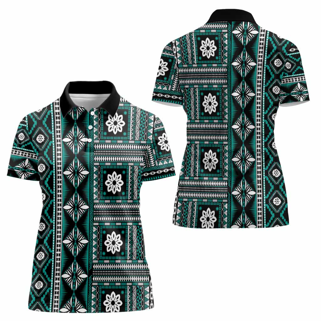 Fiji Masi Tapa Pattern Teal Women Polo Shirt LT01 - Polynesian Pride