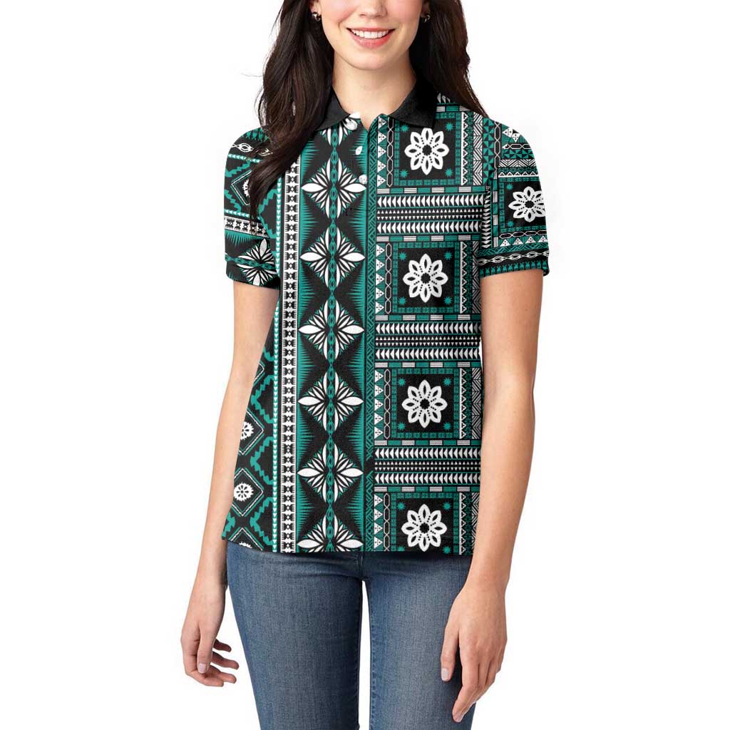 Fiji Masi Tapa Pattern Teal Women Polo Shirt LT01 - Polynesian Pride