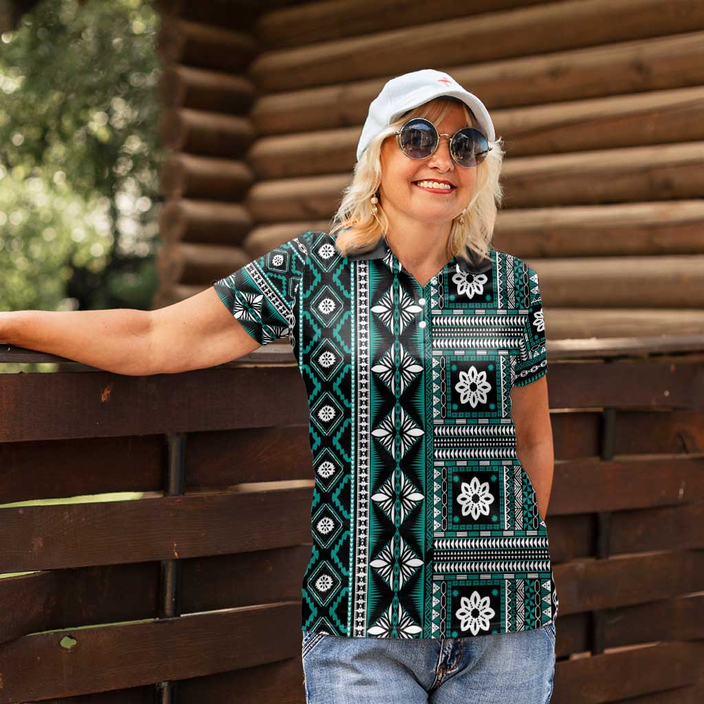 Fiji Masi Tapa Pattern Teal Women Polo Shirt LT01 - Polynesian Pride