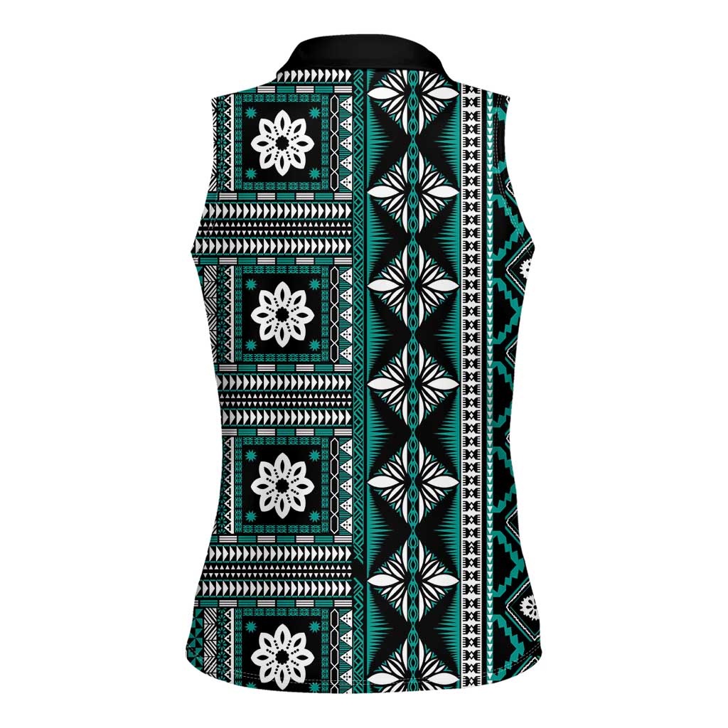 Fiji Masi Tapa Pattern Teal Women Sleeveless Polo Shirt - Polynesian Pride