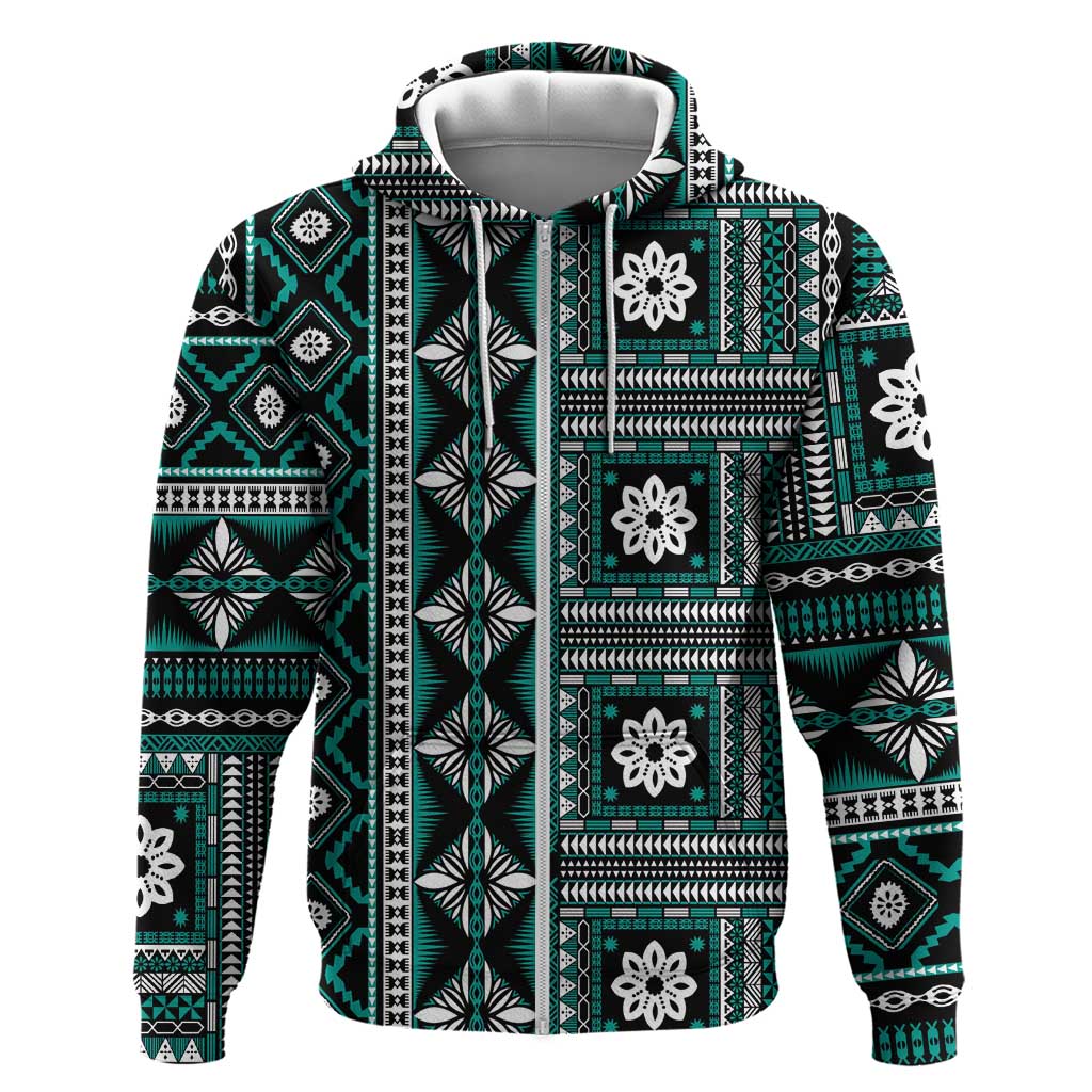 Fiji Masi Tapa Pattern Teal Zip Hoodie - Polynesian Pride