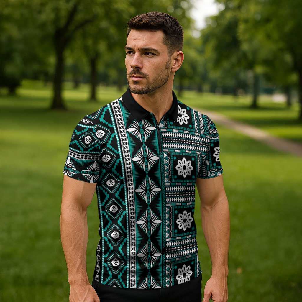 Fiji Masi Tapa Pattern Teal Zipper Polo Shirt - Polynesian Pride