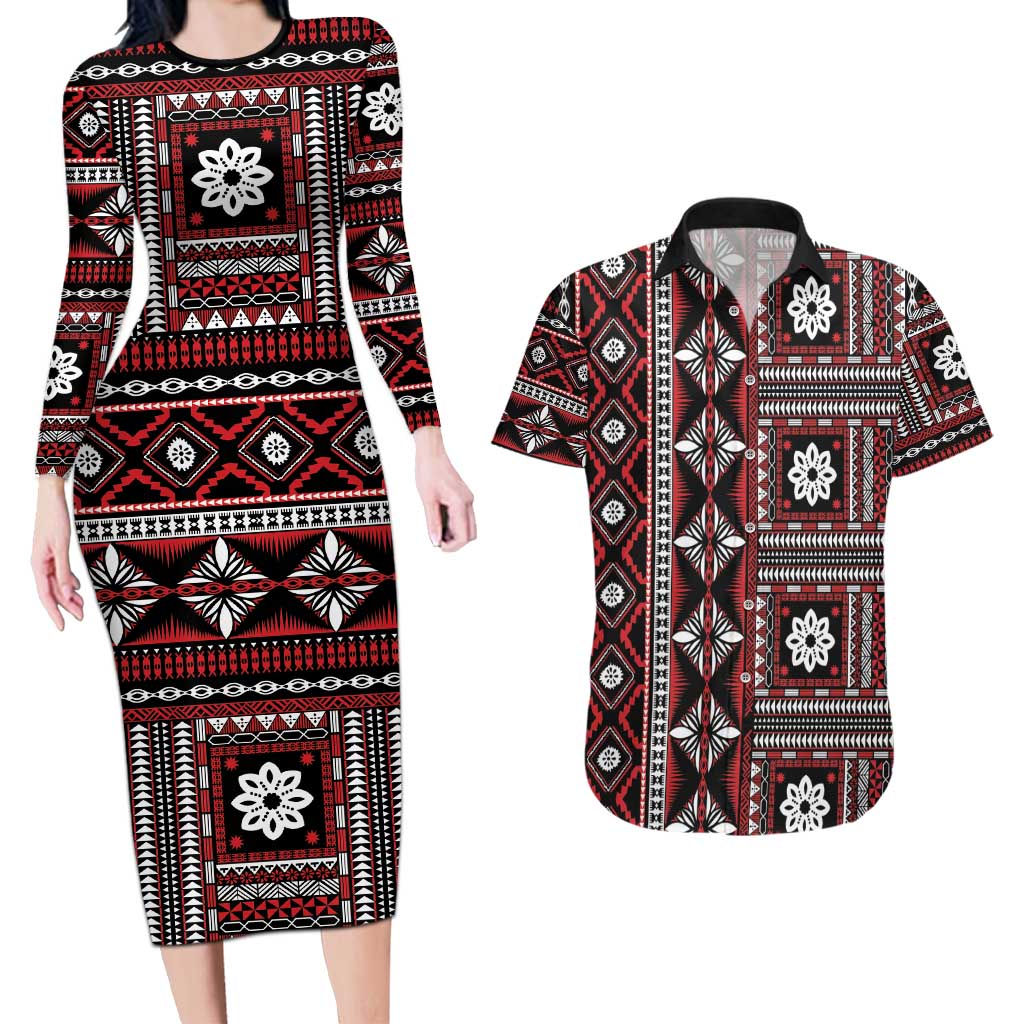 Fiji Masi Tapa Pattern Red Couples Matching Long Sleeve Bodycon Dress and Hawaiian Shirt - Polynesian Pride