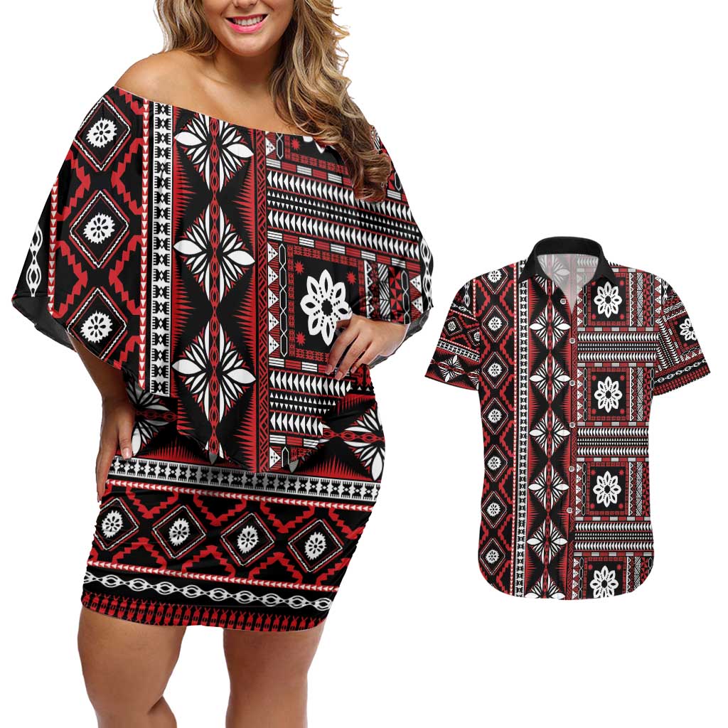 Fiji Masi Tapa Pattern Red Couples Matching Off Shoulder Short Dress and Hawaiian Shirt - Polynesian Pride