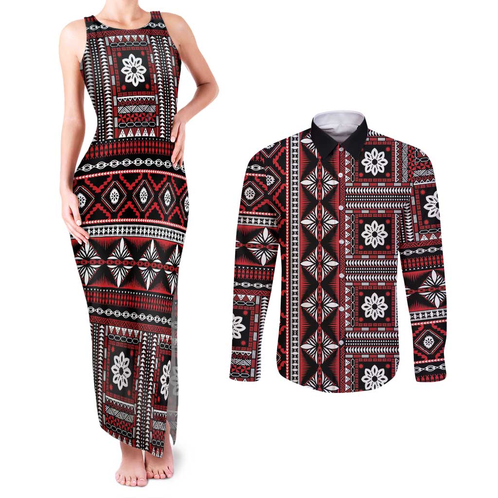 Fiji Masi Tapa Pattern Red Couples Matching Tank Maxi Dress and Long Sleeve Button Shirt - Polynesian Pride