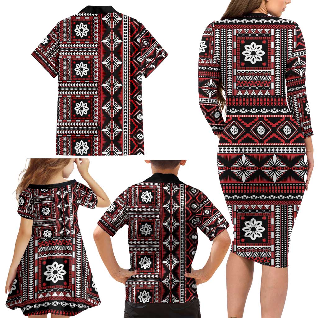 Fiji Masi Tapa Pattern Red Family Matching Long Sleeve Bodycon Dress and Hawaiian Shirt - Polynesian Pride