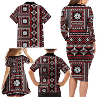Fiji Masi Tapa Pattern Red Family Matching Long Sleeve Bodycon Dress and Hawaiian Shirt - Polynesian Pride