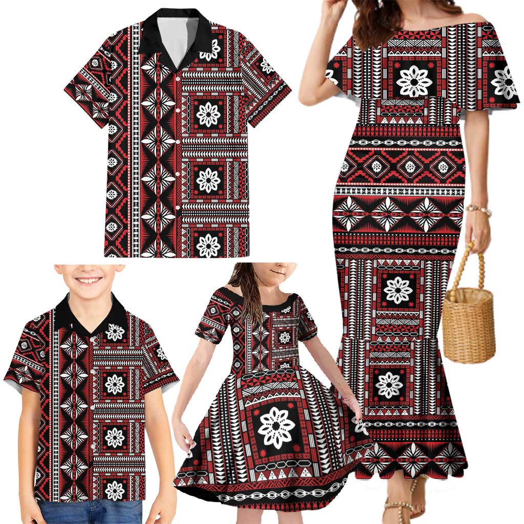Fiji Masi Tapa Pattern Red Family Matching Mermaid Dress and Hawaiian Shirt - Polynesian Pride