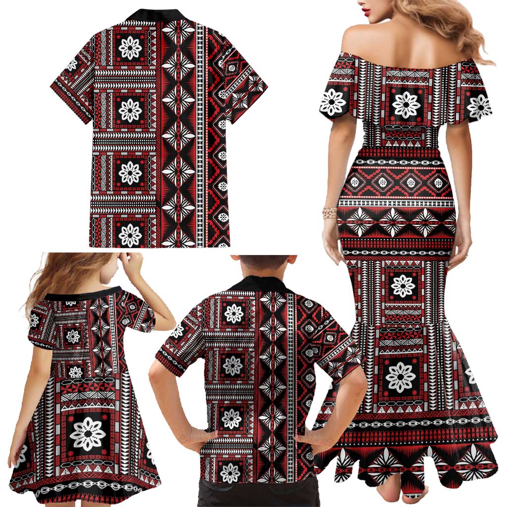 Fiji Masi Tapa Pattern Red Family Matching Mermaid Dress and Hawaiian Shirt - Polynesian Pride