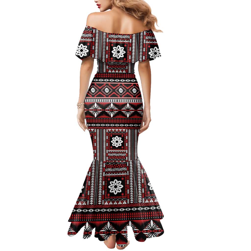 Fiji Masi Tapa Pattern Red Family Matching Mermaid Dress and Hawaiian Shirt - Polynesian Pride