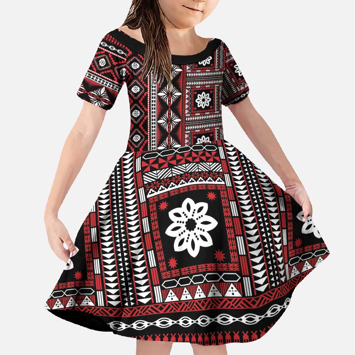 Fiji Masi Tapa Pattern Red Family Matching Off The Shoulder Long Sleeve Dress and Hawaiian Shirt - Polynesian Pride