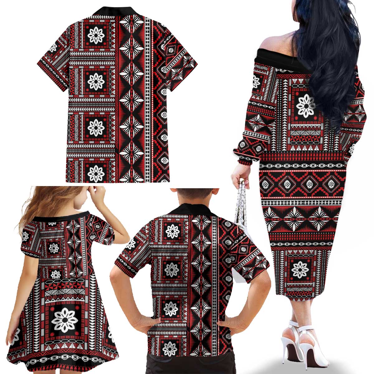 Fiji Masi Tapa Pattern Red Family Matching Off The Shoulder Long Sleeve Dress and Hawaiian Shirt - Polynesian Pride