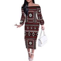 Fiji Masi Tapa Pattern Red Family Matching Off The Shoulder Long Sleeve Dress and Hawaiian Shirt - Polynesian Pride