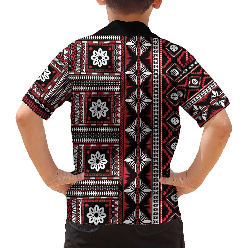 Fiji Masi Tapa Pattern Red Family Matching Off Shoulder Maxi Dress and Hawaiian Shirt - Polynesian Pride