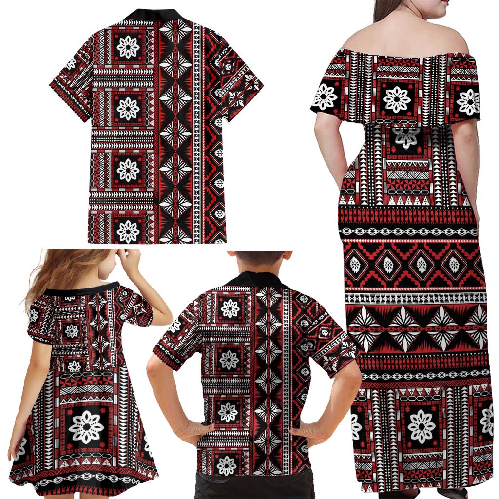 Fiji Masi Tapa Pattern Red Family Matching Off Shoulder Maxi Dress and Hawaiian Shirt - Polynesian Pride