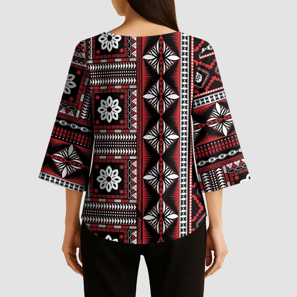 Fiji Masi Tapa Pattern Red Kimono Sleeve Blouse - Polynesian Pride