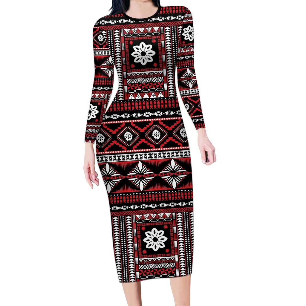 Fiji Masi Tapa Pattern Red Long Sleeve Bodycon Dress - Polynesian Pride