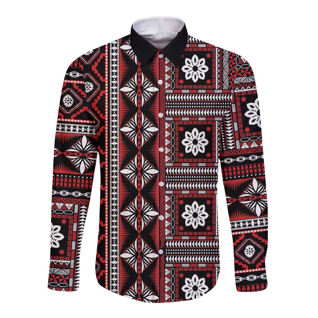 Fiji Masi Tapa Pattern Red Long Sleeve Button Shirt - Polynesian Pride
