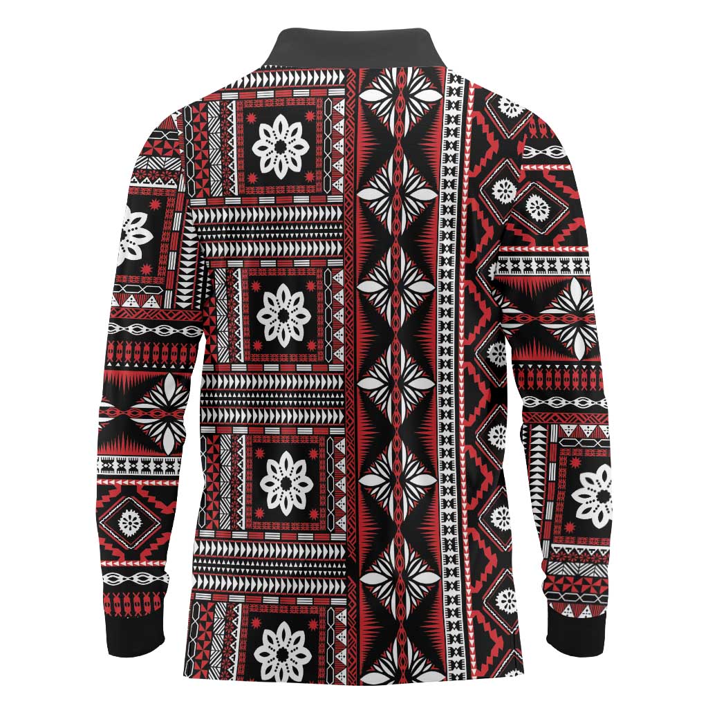 Fiji Masi Tapa Pattern Red Long Sleeve Polo Shirt - Polynesian Pride