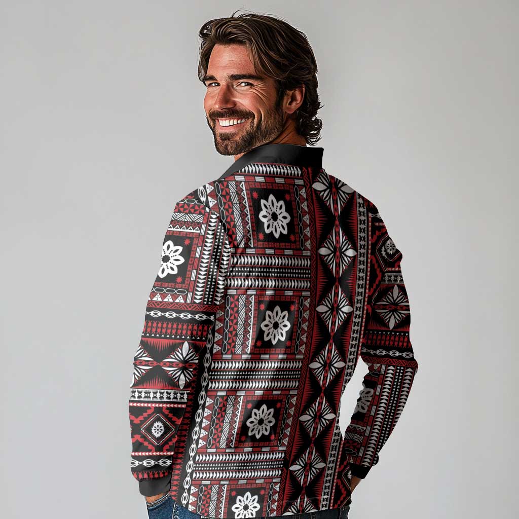 Fiji Masi Tapa Pattern Red Long Sleeve Polo Shirt - Polynesian Pride