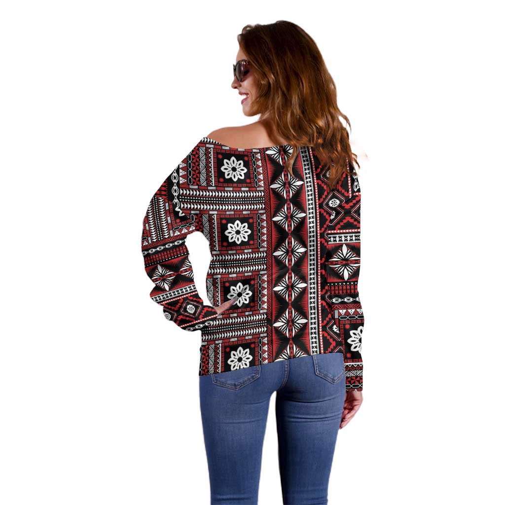 Fiji Masi Tapa Pattern Red Off Shoulder Sweater - Polynesian Pride