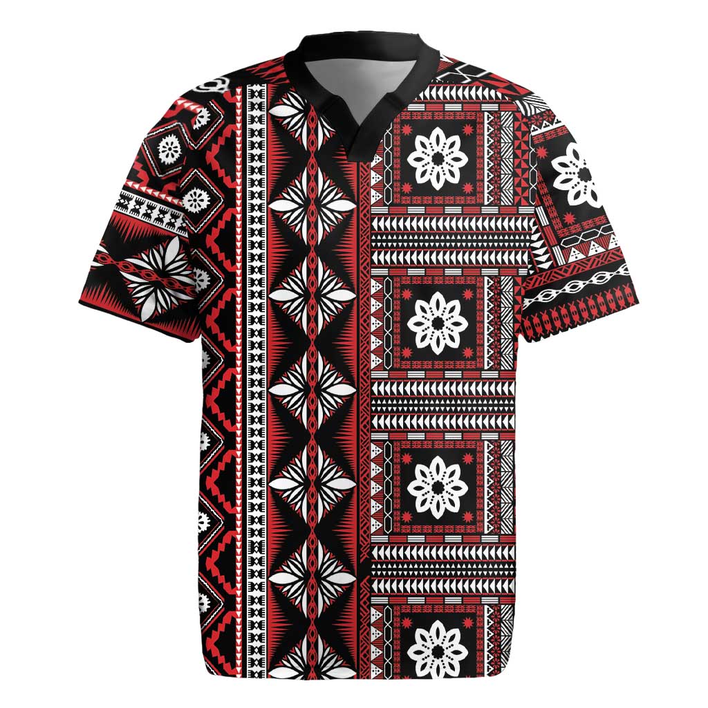 Fiji Masi Tapa Pattern Red Rugby Jersey - Polynesian Pride
