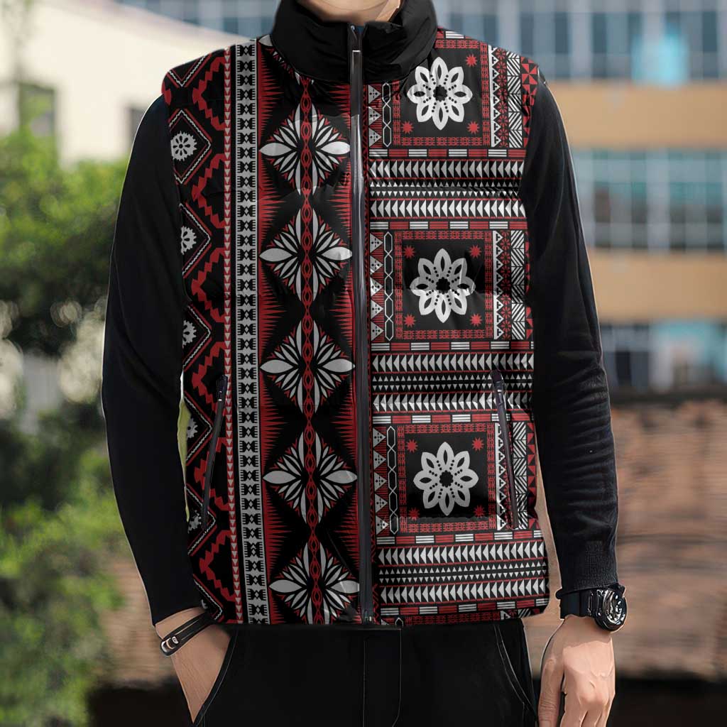 Fiji Masi Tapa Pattern Red Sleeveless Puffer Jacket - Polynesian Pride